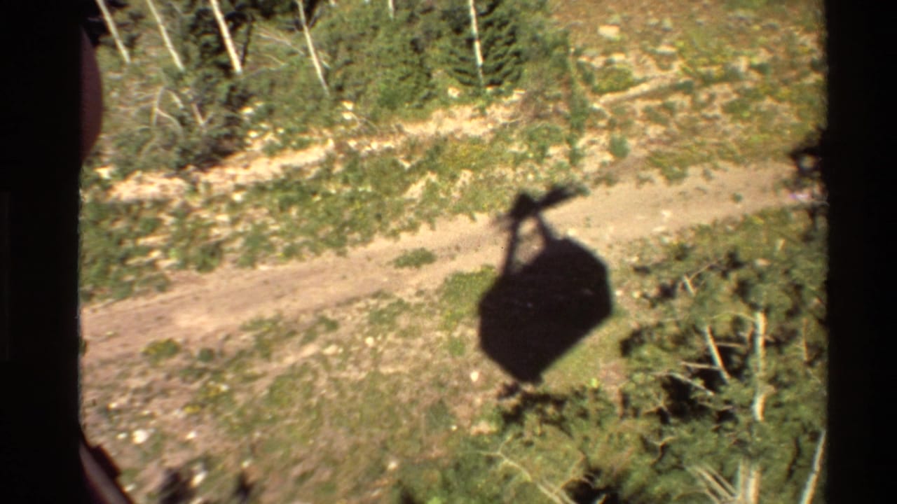 1980 8mm view from a cable car, looking down at the gondola shadow over trees, scrub, and a pale dirt road in the Western USA.