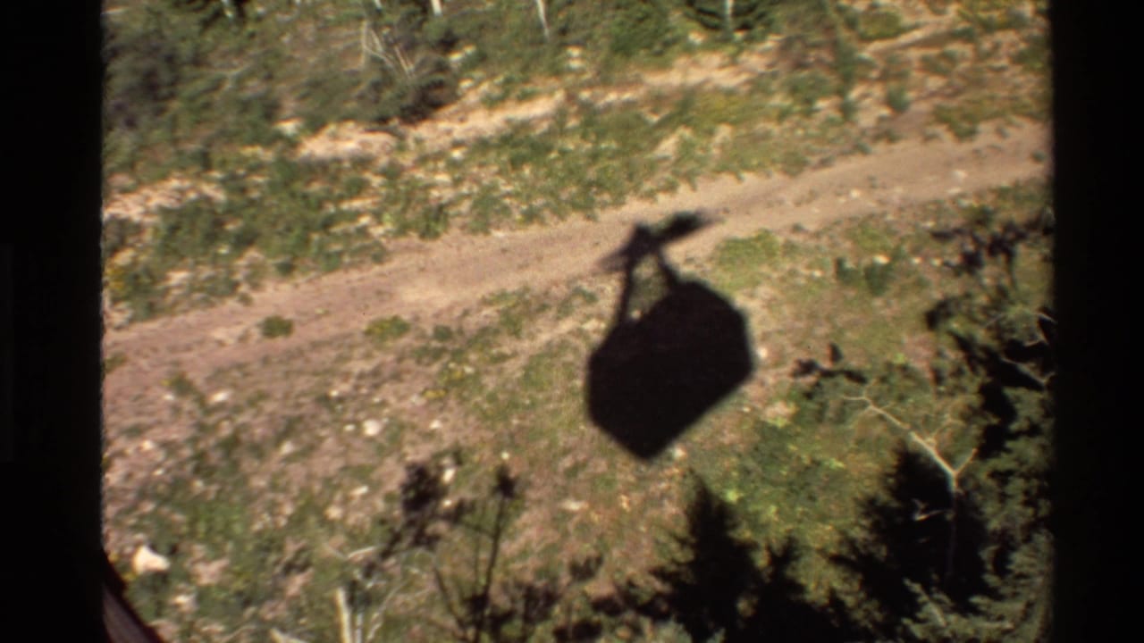 Cable car shadow appears over a hillside with trees and a dirt road below.