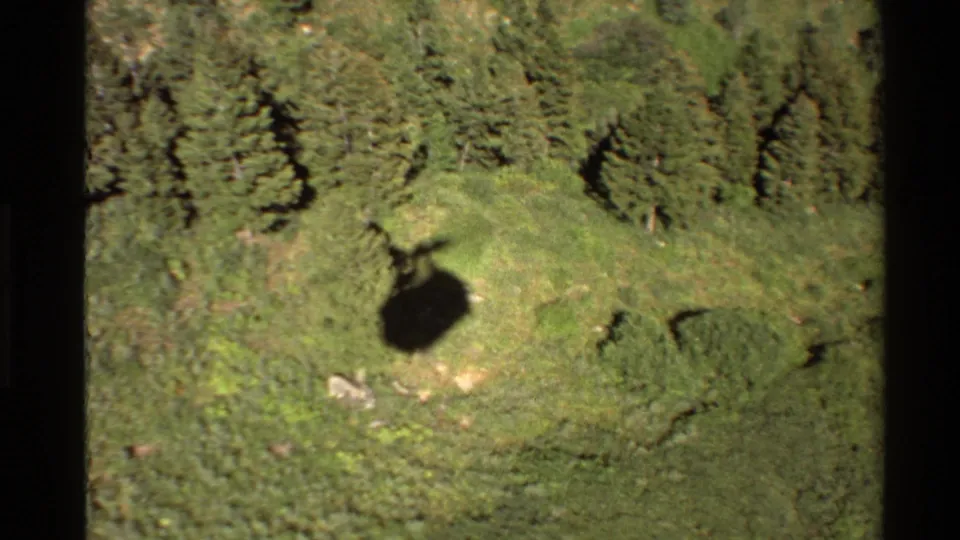 The cable car shadow appears on dense green hillside vegetation, with trees and uneven ground visible below.
