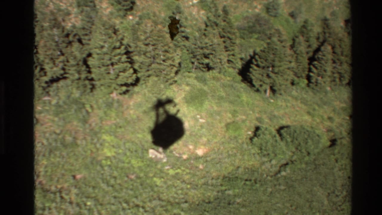 1980 Western USA 8mm frame showing a helicopter shadow over a grassy mountain slope with evergreen trees above.
