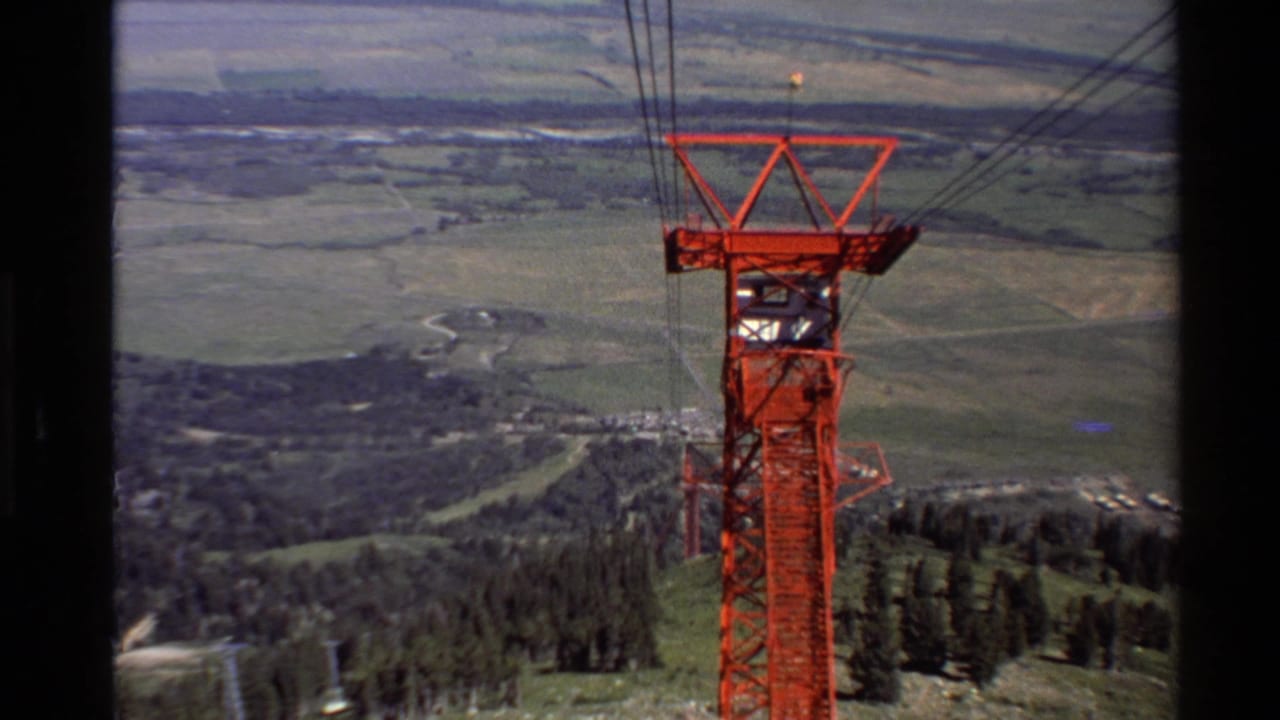Red cable support tower rises beside cables above a wide valley landscape.