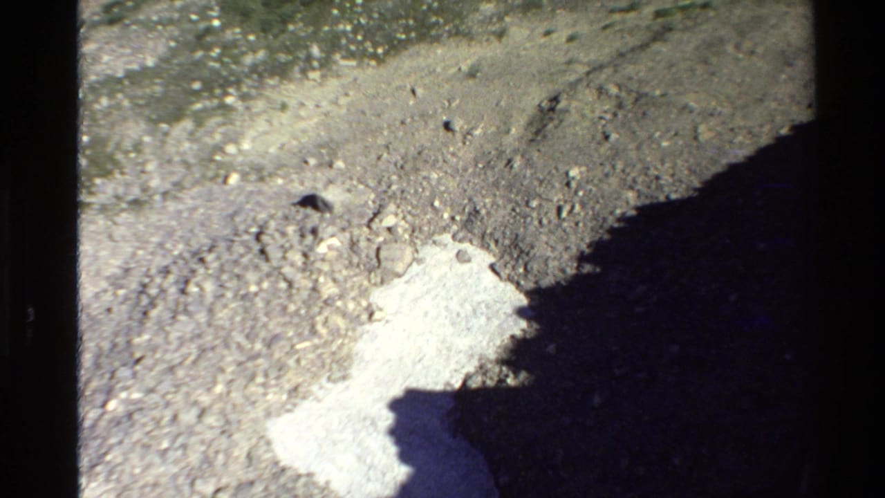 Rocky high-elevation slope with gravel, a pale ground patch, and a deep shadow near the film edge.