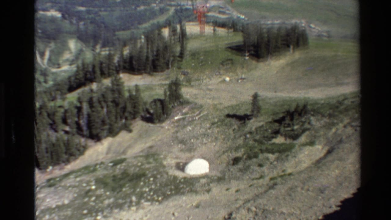 Rocky mountain hillside with evergreen trees, cables, and a small white dome-like structure.