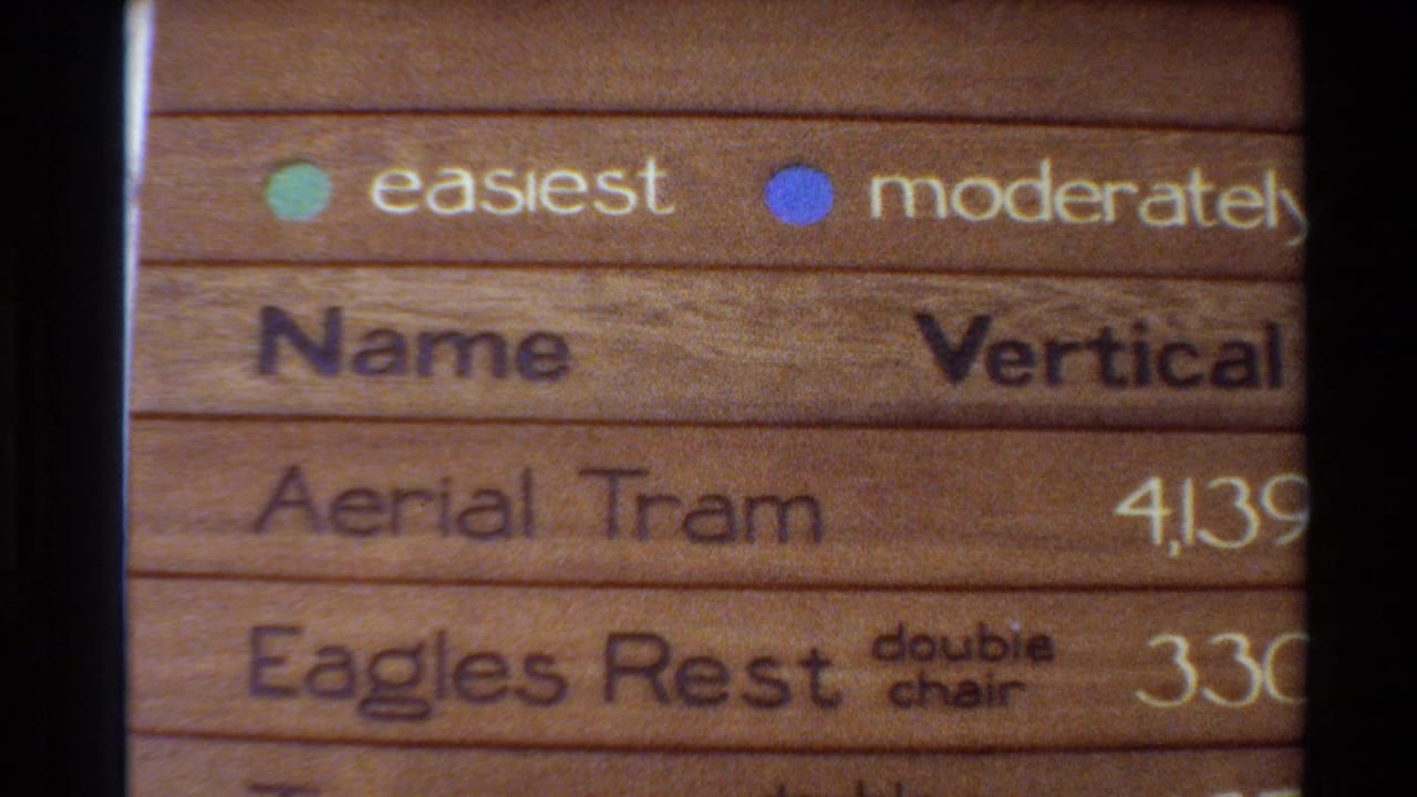 Close 8mm view of the resort sign showing Aerial Tram, Eagles Rest, double chair text, and partial vertical-rise values.