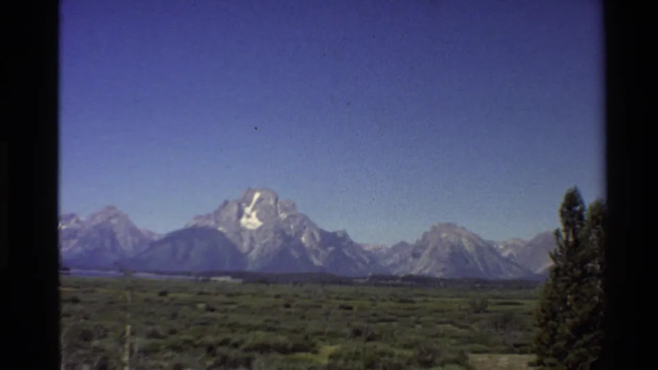 1980 8mm view of a Western USA mountain valley, with the Teton Range centered and a tall tree at the right edge.