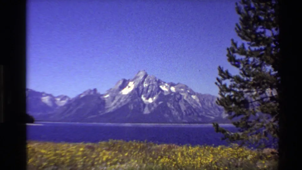 Bright 1980 Western USA mountain-lake view on 8mm film, showing peaks, blue water, a pine tree, and yellow wildflowers.