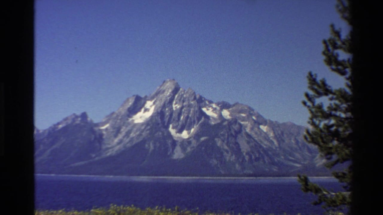 Mountain range across a blue lake with pine branches at the right edge.