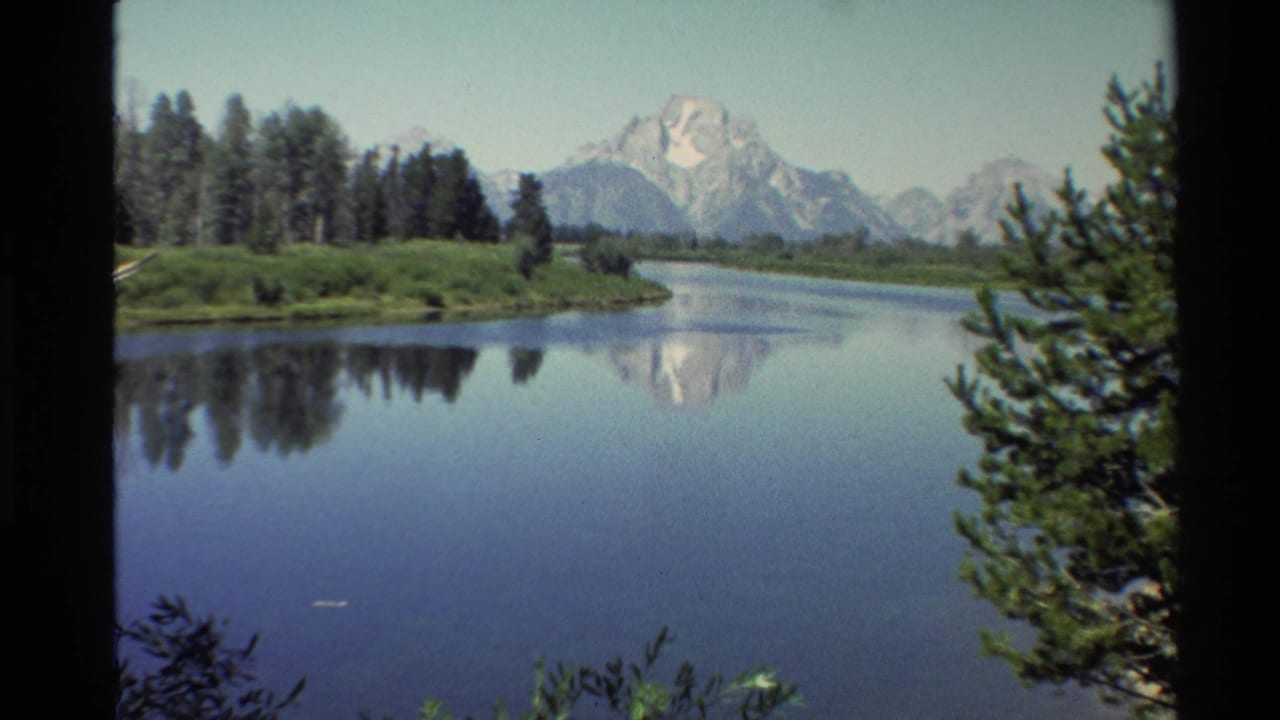1980 Western U.S. 8mm frame showing a calm river, distant mountain peak, tree line, and pine branches at the edge of the view.