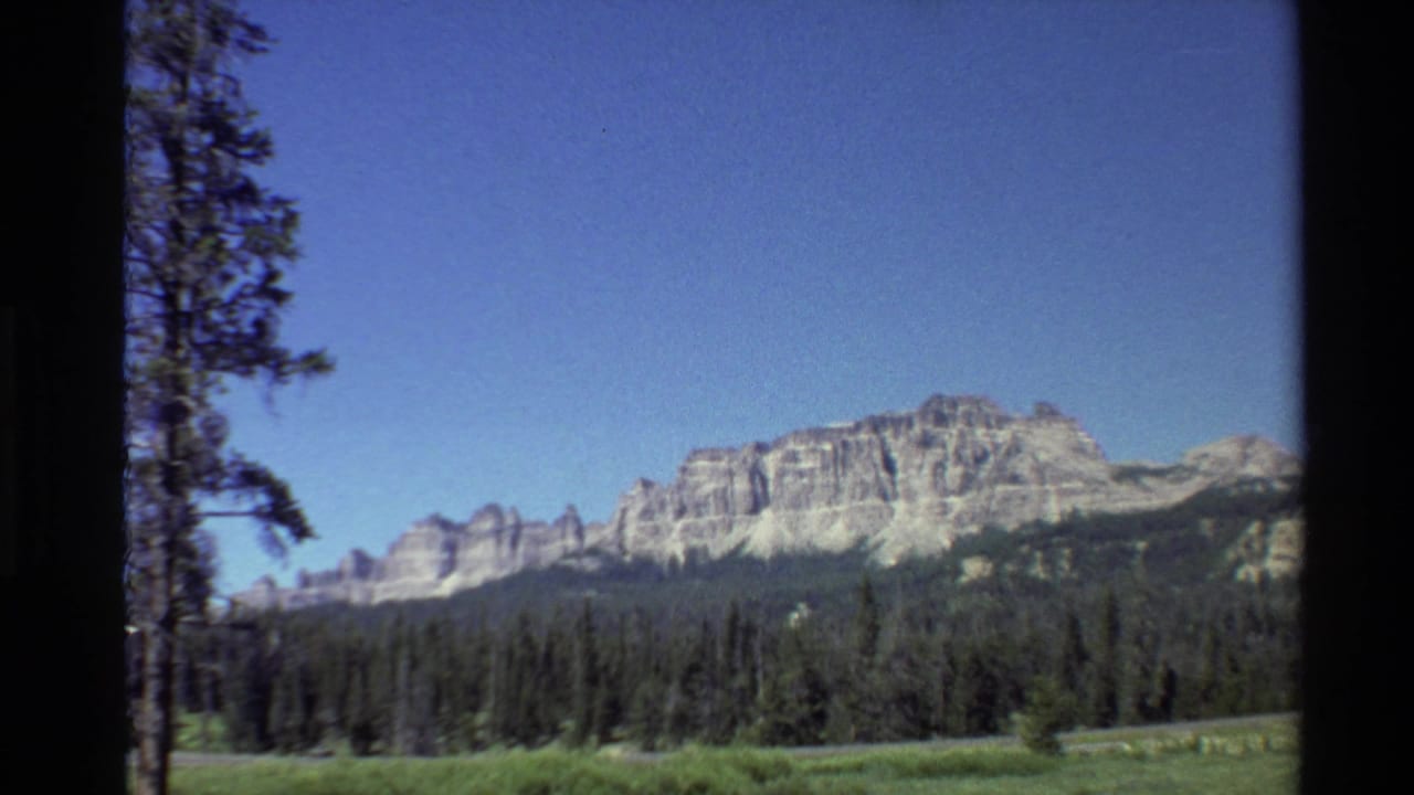 1980 Western U.S. 8mm frame showing rocky mountain cliffs beyond pine forest and meadow, bordered by a tall tree at left.