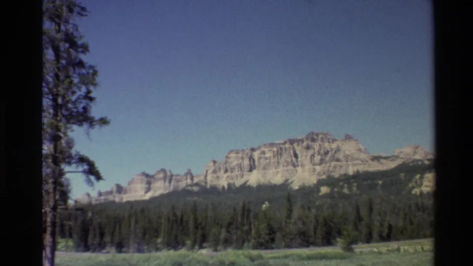 1980 Western U.S. 8mm frame showing rocky mountain peaks beyond a dark pine forest and meadow, with handheld framing.
