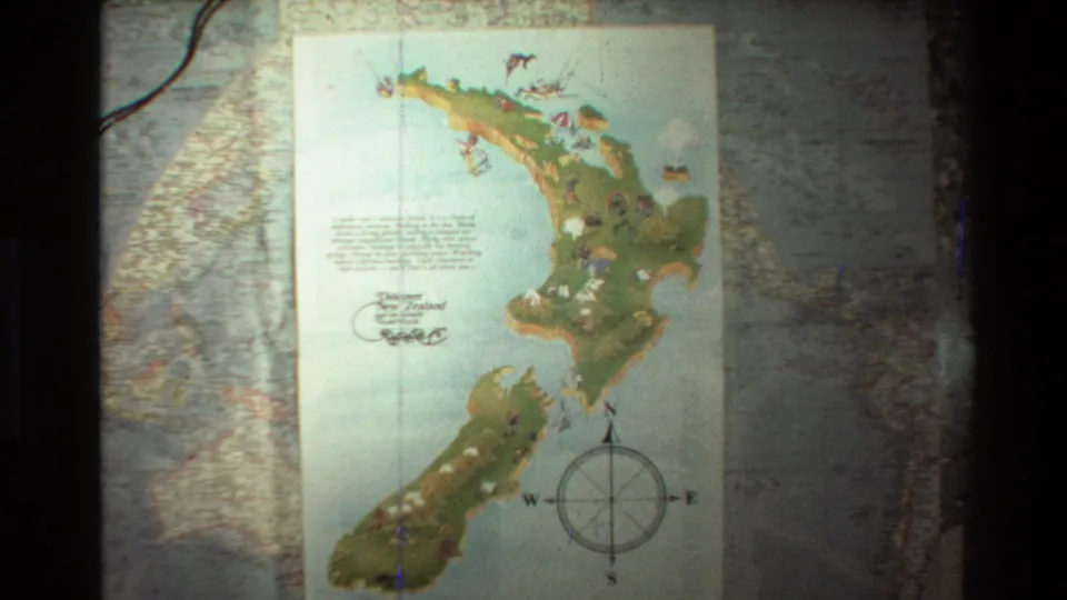 1981 8mm frame showing a colorful illustrated map of New Zealand with a compass rose and surrounding map graphics.