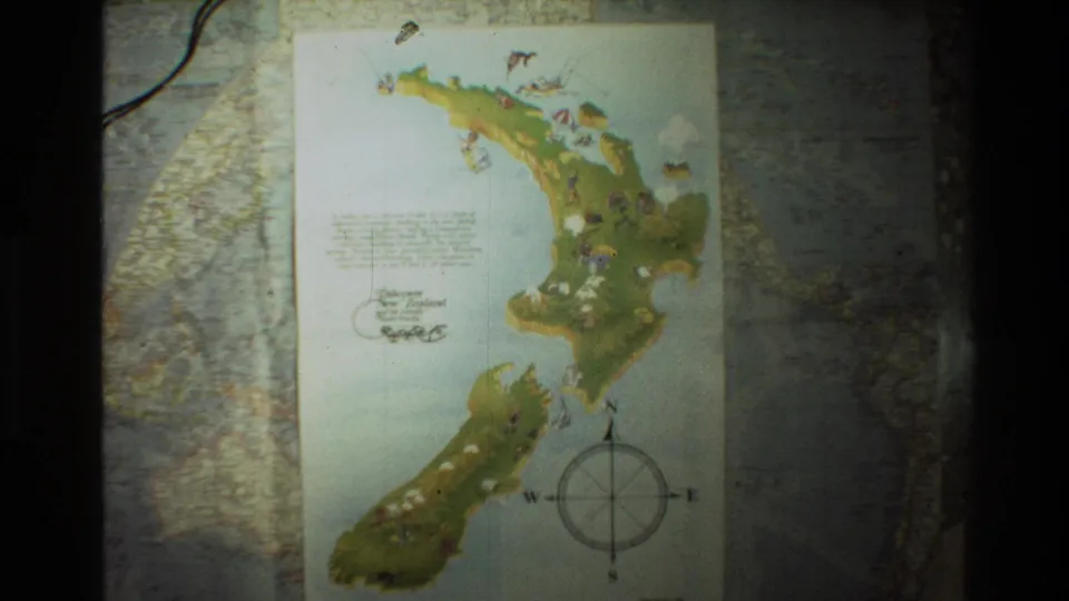 The closing frame keeps the New Zealand map centered, showing island illustrations, a compass rose, and analog film wear around the display.