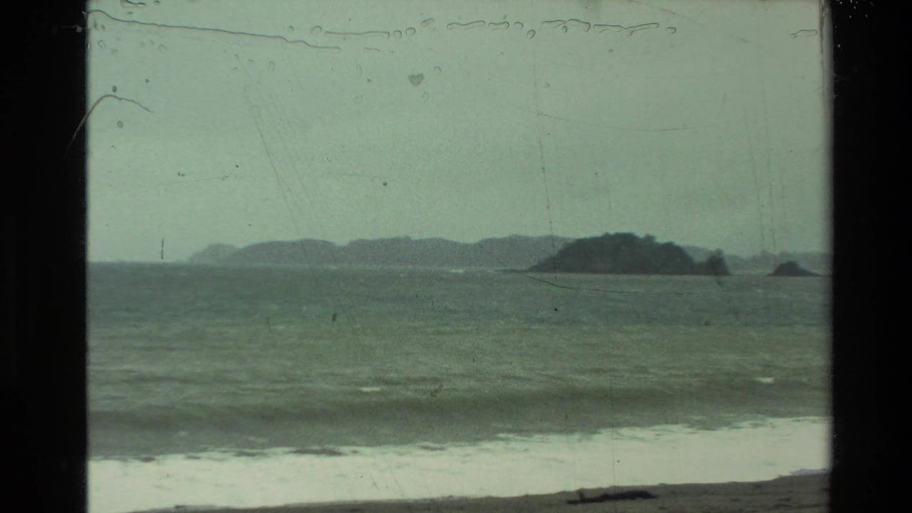 1981 New Zealand 8mm frame showing gray surf, a dark shoreline, and several distant rocky outcrops under an overcast sky.