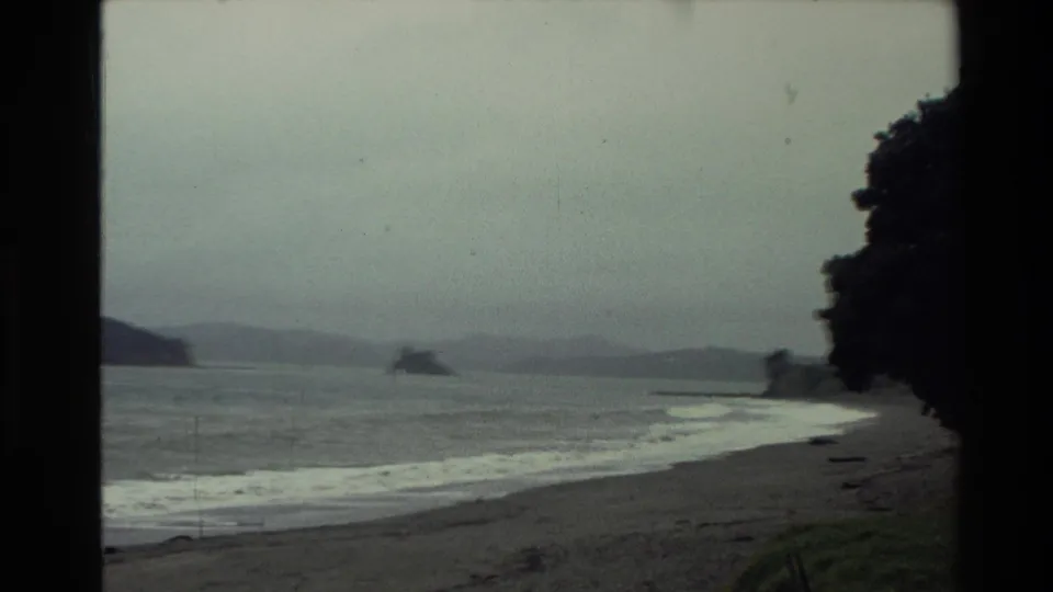 New Zealand coastal home-movie frame showing a grey bay, breaking waves, distant mountains, and a dark tree line at the right edge.