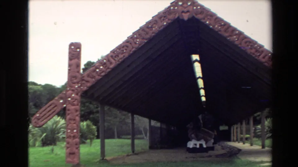 Carved Māori-style meeting-house structure with a steep pitched roof, decorative gable details, open grass, and surrounding greenery in New Zealand.