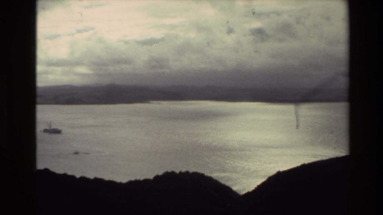 1981 New Zealand 8mm frame showing a cloudy coastal panorama from a high hillside, with dark ridges in front and a small boat on the water.