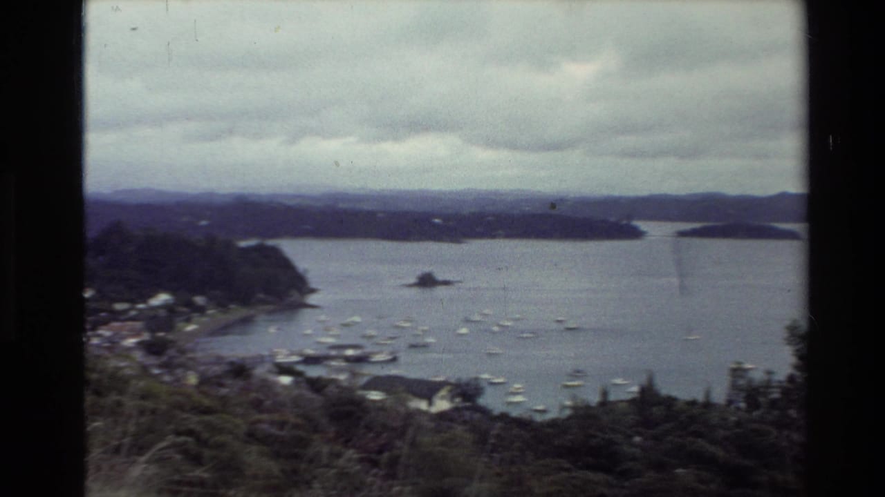 1981 New Zealand 8mm view from a hillside over a coastal bay with small boats, a wooded peninsula, and distant hills.