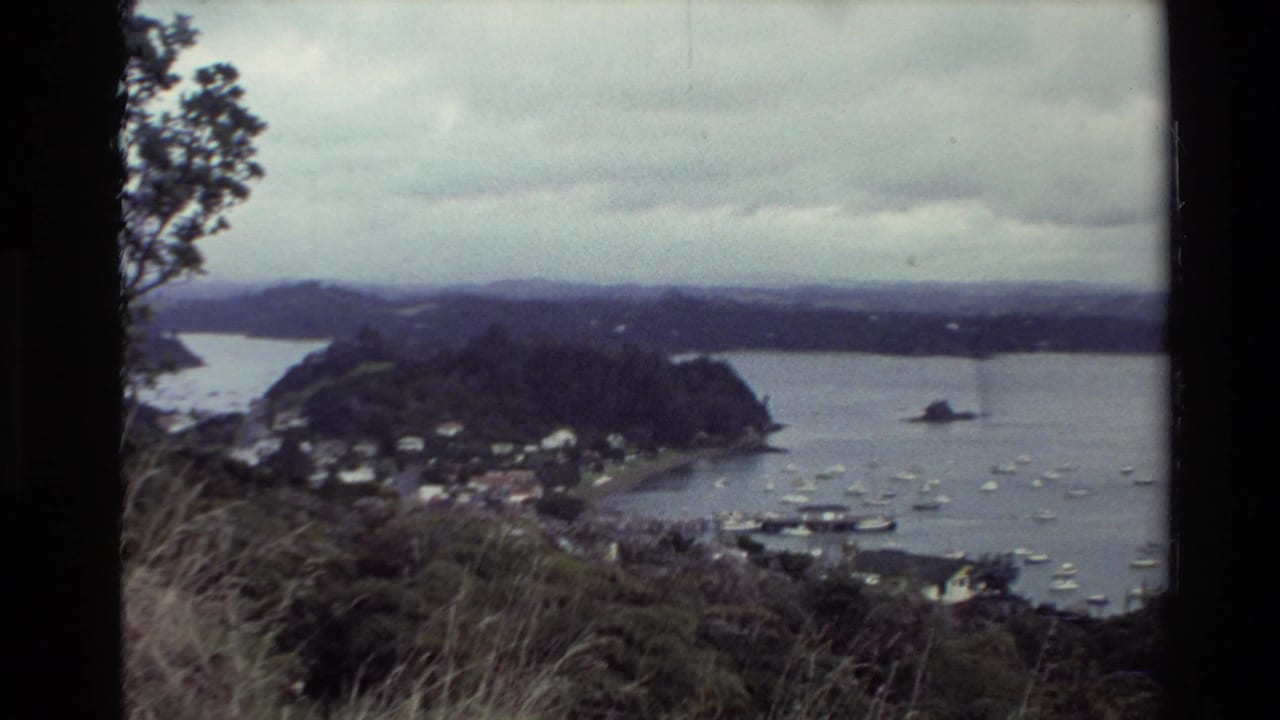 1981 New Zealand home-movie frame showing a grassy hillside overlook, a wooded headland, shoreline buildings, and boats in a calm bay.