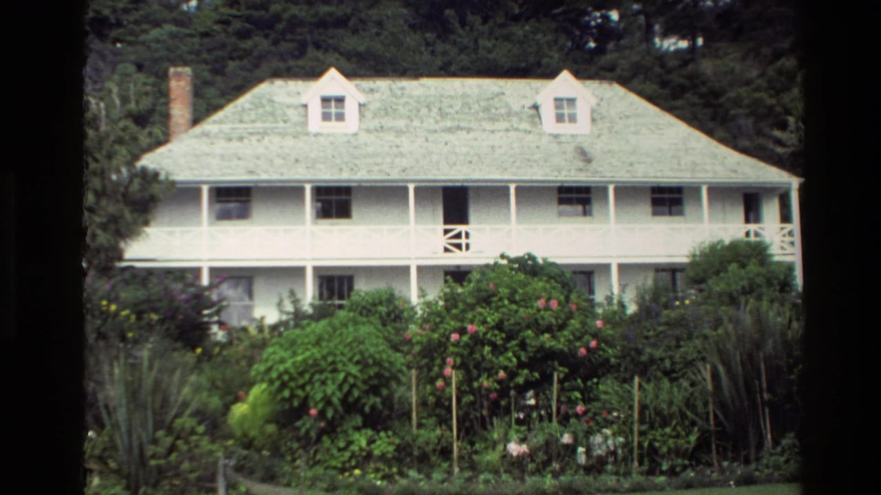 1981 New Zealand 8mm frame showing a white timber house with a pale roof, upper porch, garden shrubs, and trees behind it.