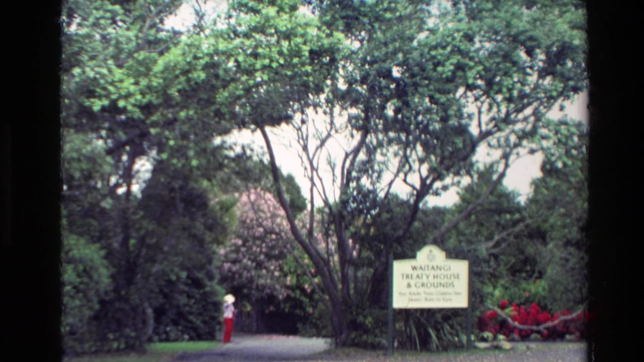 1981 New Zealand 8mm frame with the Waitangi Treaty House & Grounds sign framed by greenery, red flowers, and a distant visitor.
