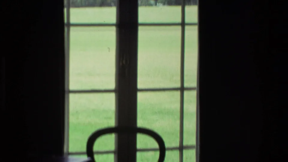 1981 New Zealand 8mm frame looking through door panes toward grass, with a dark chair back in the foreground.