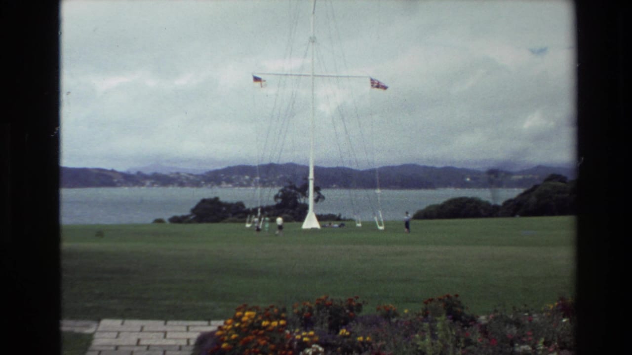 1981 New Zealand 8mm view through a window toward a grassy waterfront park, tall flagpole, flowers, and distant hills.