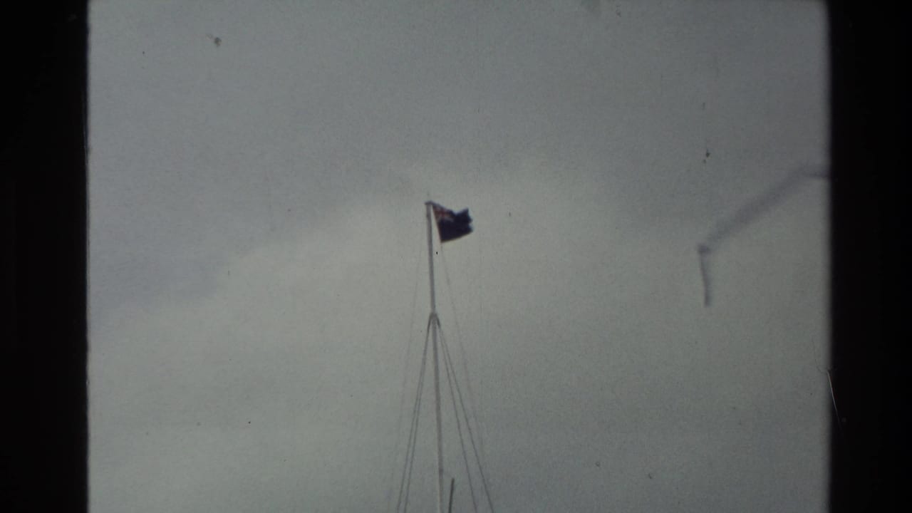 1981 New Zealand 8mm frame showing a flag on a tall pole in wind against a pale overcast sky.