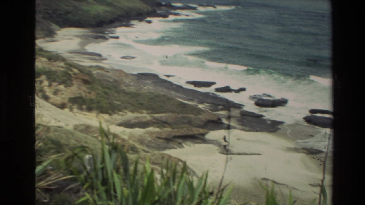 1981 New Zealand coastal view with pale sand, dark rocks, foamy waves, and vegetation in the foreground.