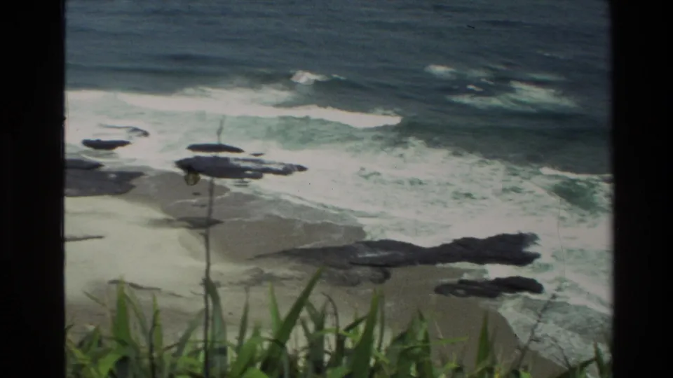1981 New Zealand coastal shot with blue-green surf, scattered dark rocks, pale sand, and tall grass in front.