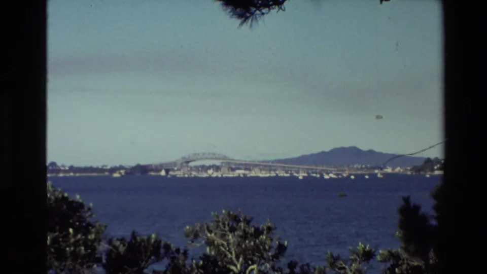 Wide 8mm New Zealand coastal view showing a bridge across the water, low distant landforms, pale sky, and trees at the frame edges.