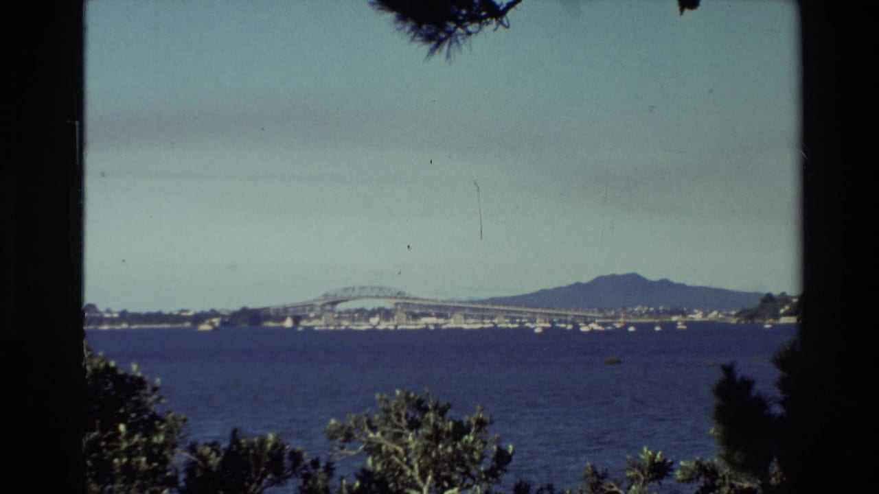 1981 New Zealand 8mm frame showing a distant harbor bridge, blue water, low mountain, shoreline, and trees at the frame edges.