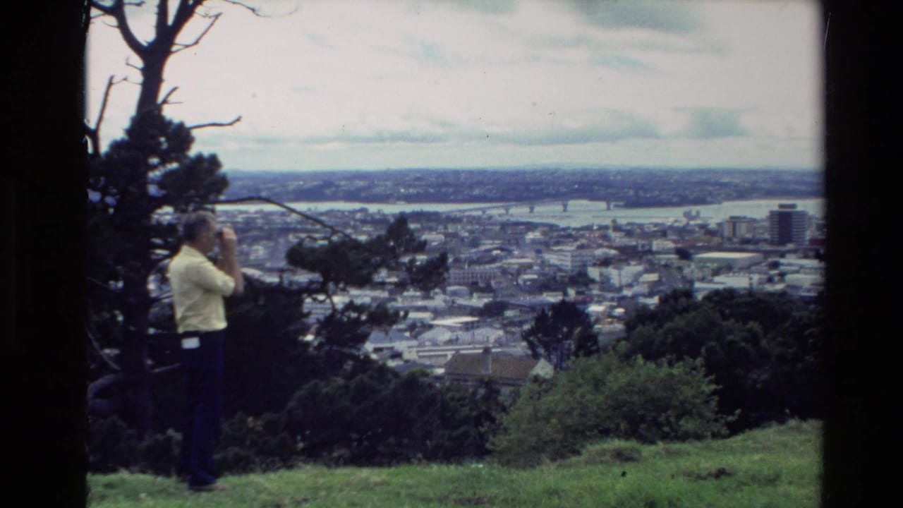 Man with binoculars standing on a grassy hill above a coastal town and harbor.