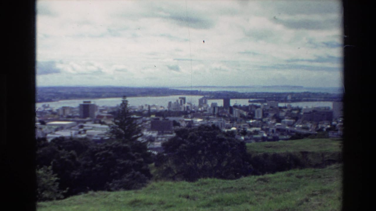 1981 New Zealand 8mm frame looking from grassy hills toward a coastal city, harbor water, distant buildings, and a partly cloudy sky.
