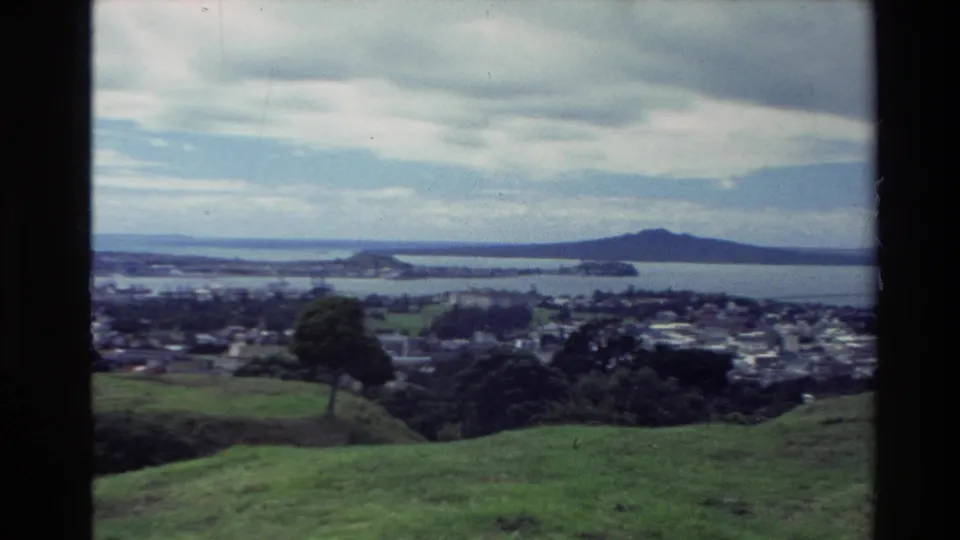 1981 New Zealand 8mm frame showing green fields and a tree above a harbor, with low islands or headlands beyond the water.