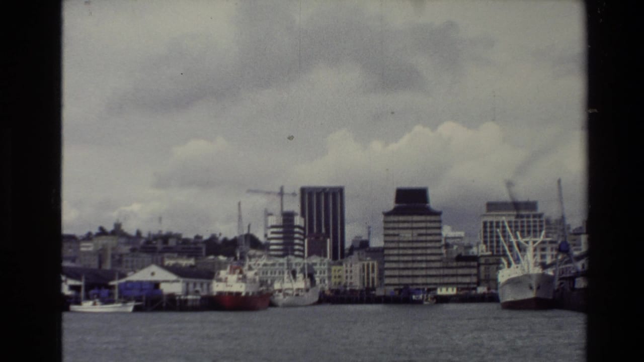 1981 New Zealand harbor view with moored vessels, dock cranes, waterfront buildings, and muted 8mm color from across the water.