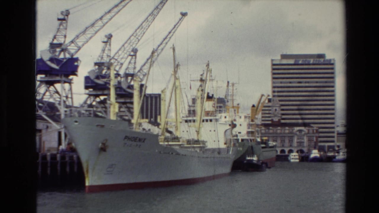 Cargo ship named PHOENIX moored beside harbor cranes with city buildings in the background.