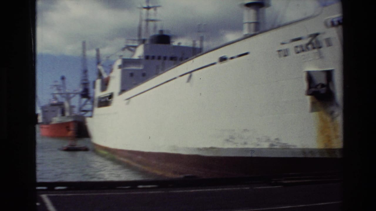 1981 New Zealand 8mm frame showing the side of a large white cargo ship at harbor, with rust staining and a red tugboat behind it.