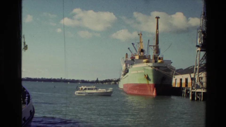 1981 New Zealand port view showing a green and red cargo ship, white motorboat, dock pilings, cranes, and harbor water.
