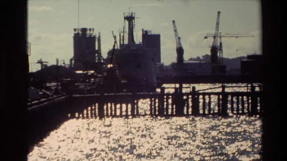 1981 New Zealand harbor silhouette with industrial cranes, pier supports, and bright reflected water.