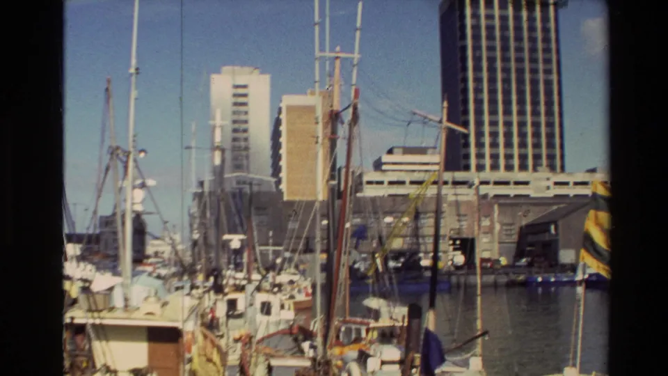 1981 New Zealand waterfront scene showing moored boats, mast lines, rigging, and modern high-rise buildings behind the harbor.