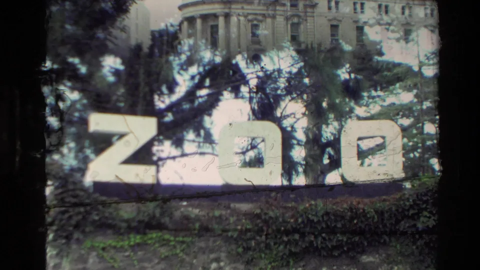 1981 New Zealand frame showing a large zoo sign, trees, and the edge of the historic clock-tower building in the background.