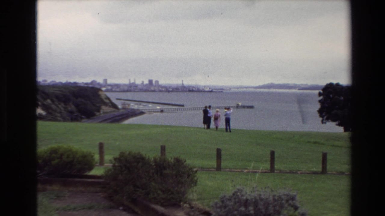1981 New Zealand home-movie frame of several adults at a coastal lookout, seen through dark frame edges with water and skyline beyond.
