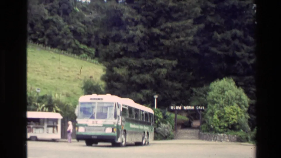 1981 New Zealand roadside frame showing a green and white tour bus near a Glow Worm Cave entrance, with dense forest behind.