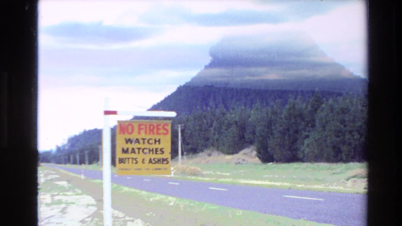 Yellow no-fires roadside sign beside a two-lane road and forested mountain.
