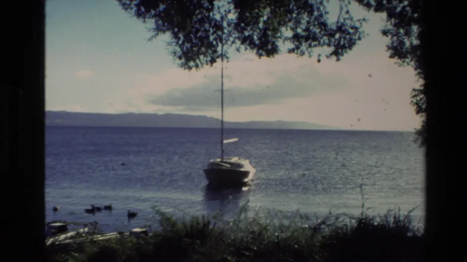 1981 New Zealand 8mm frame showing a small moored sailboat on a lake, with ducks or geese near shore and hills beyond the water.