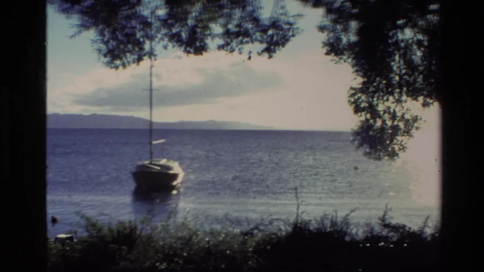1981 New Zealand 8mm frame of a small sailboat moored on a calm lake, framed by leafy branches and a low distant shoreline.