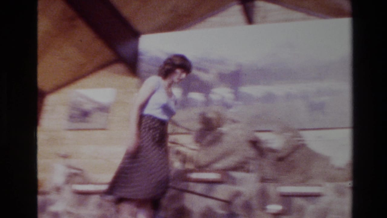 Woman leans toward a taxidermied sheep near a display rail.