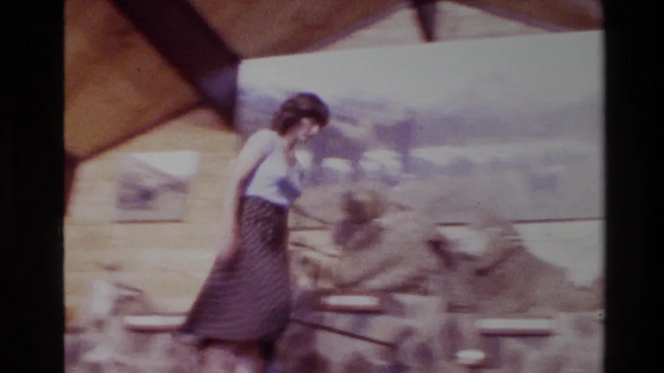 The woman bends closer to a mounted sheep or ram in a rustic New Zealand exhibition interior, with scenic panels behind her.