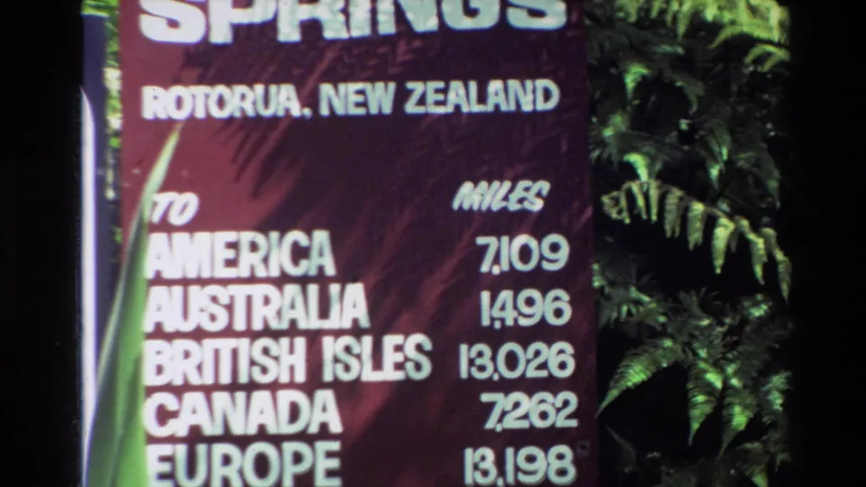 Close 8mm view of a Rainbow Springs Rotorua sign listing distances to America, Australia, British Isles, Canada, and Europe.