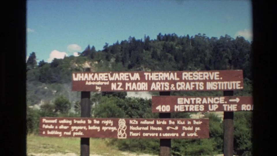 1981 New Zealand frame showing a Whakarewarewa Thermal Reserve sign advertising the N.Z. Maori Arts and Crafts Institute.